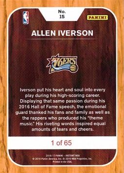 2016-17 Panini Instant NBA #15 Allen Iverson Commemorative Hall of Fame Basketball Card - Only 65 made!