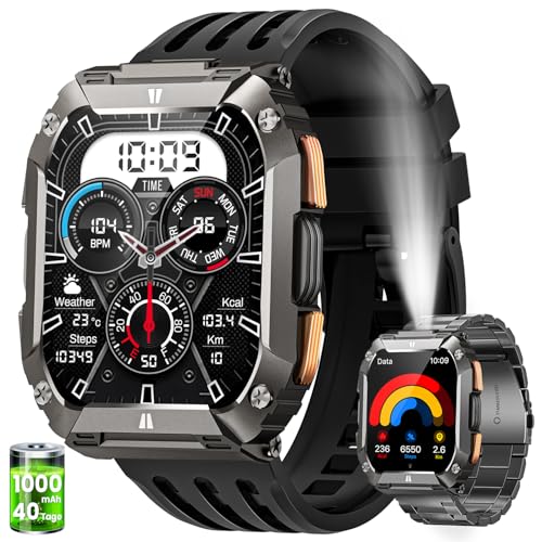 BANLVS Reloj Inteligente Hombre con LED Linterna/1000mAh, 2.01' AMOLED Smartwatch Militar con Llamadas, 5ATM Impermeable Pulsera Actividad, 113 Modos Deportivos, Pulsómetro/Sueño/Podómetro Android iOS