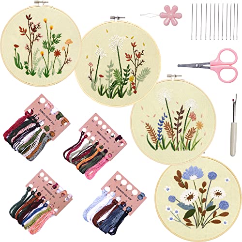 Image of Bonroy 4 Sets Embroidery Set for Beginners, Art Craft, Easy Sewing Embroidery Kit Includes Embroidered Clothes with Patterns, Embroidery Hoops, Instruction Manual, Colorful Stitch Set (2 Most)