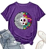 CAZYCHILD Day of The Dead Shirts for Women Dia De Los Mexican T-Shirt Halloween Tee Tops Purple