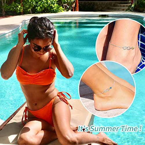 Chicsilver 925 Sterling Silver Anklet For Women Teen Girls, Minimalist Delicate Infinity Ankle Bracelet With Round Simulated Birthstone Foot Chain Summer Vacation Beach Jewelry (March - Aquamarine) #TOP5