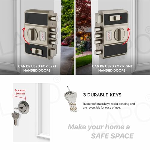 Image of LAPO Penta Lock - 4-Deadbolt Privacy System with Easy-Grip Interior Knob, Reversible Mechanism for Sliding, Single & Double Doors, Matt Finish, 3-Year Warranty