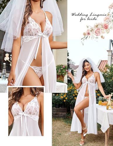 Image of SSoShHub Women Lingerie Lace Babydoll Dress Open Front Sleepwear Long Sheer Nightgowns V Neck Nightwear for Wife, Women Wedding Valentine Special Night Occasion Festival