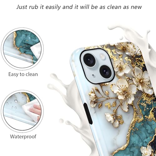Coque fleur blanche de luxe pour iPhone 15 motif marbre élégant - 4