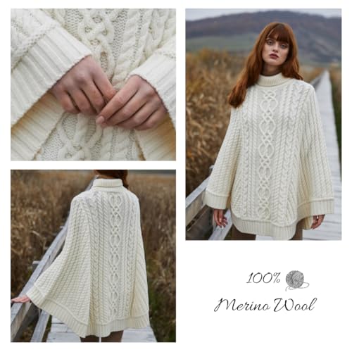 Image of SAOL 100% Merino Wool Cable Knit Ladies Irish Aran Poncho Cardigan