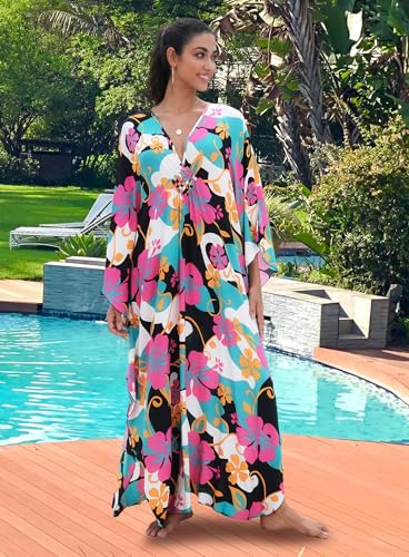 Image of Yanziliu Kaftan Dress for Women,Plus Size Hawaiian Batwing Sleeve Beach Cover Up Summer Swimsuit Dresses
