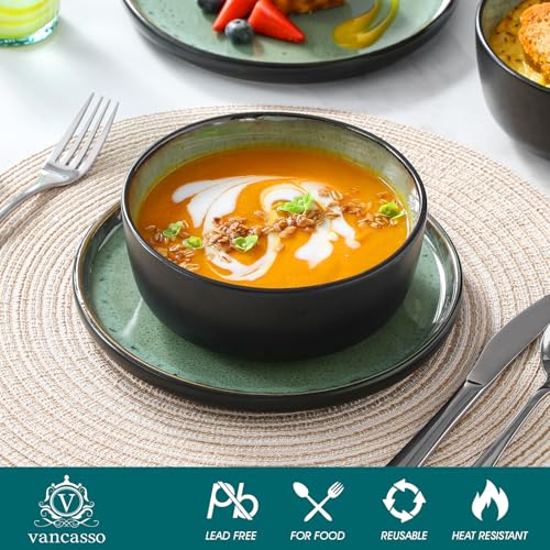 vancasso Plates and Bowls Sets, 18 Pieces Stoneware Dinnerware Sets for 6, Kitchen Dish Set Mircowave and Dishwasher Safe Ceramic Dishware, Turf Green, Series AMBER by vancasso - Used condition - Image 5