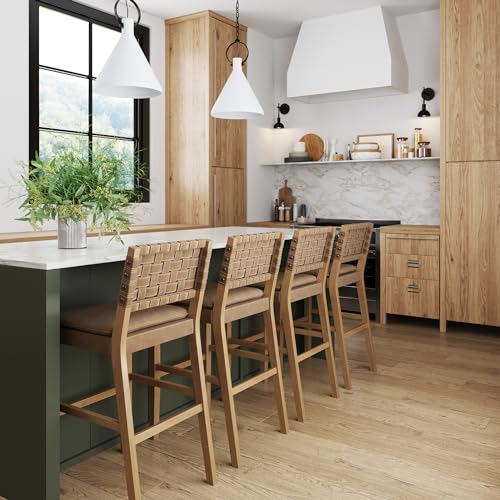 Image of Nathan James Cohen Mid-Century Modern 29 in. Wood Bar Stool, Upholstered Faux Suede Bar Height Stool with Solid Wood Frame, Natural Brown
