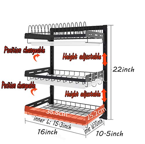 Ctystallove 3 Tier Black Stainless Steel Dish Drying Rack Fruit Vegetable Storage Basket With Drainboard And Hanging Chopsticks Cage Knife Holder Wall Mounted Kitchen Supplies Shelf Utensils Organizer #TOP4