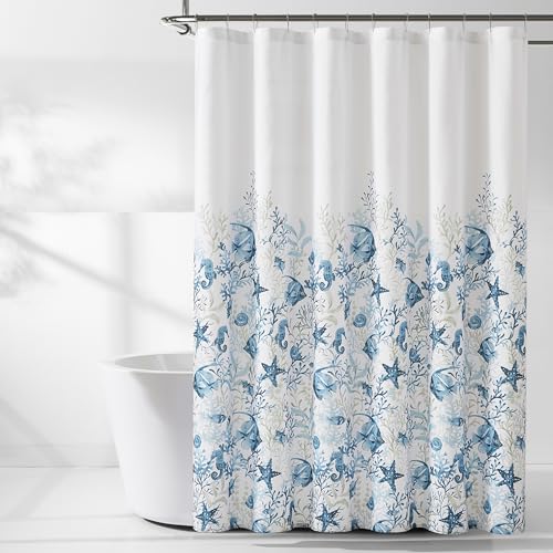 Lush Decor Oceana Cortina de ducha texturizada de lino con acuarela, 183 cm de ancho x 183 cm de largo, color azul, baño tropical, cortina de baño, decoración costera