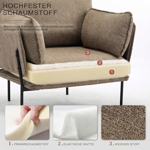 YEEFY Bouclé Loungesessel mit Metallbeinen – gepolsterter Akzentstuhl als Lesesessel, Wohnzimmerstuhl, Schlafzimmerstuhl & Balkonstuhl, moderner Polstersessel für Entspannung (Braun, 1 Stück)