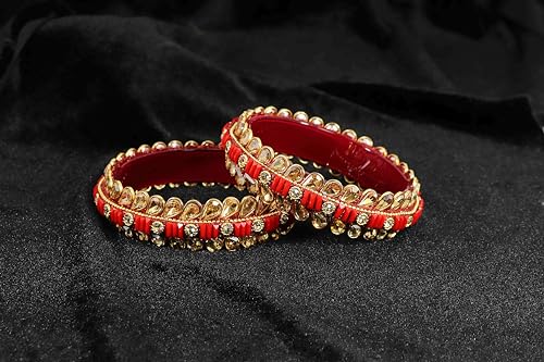 Image of NMII Glass Golden Zircon Stone & Kundan Beads Kada Set For Women & Girls | Fancy Design Kada Bangles | Traditional Look Kangan | Glass Bangles For Women Wedding, Party, Function, Daily use