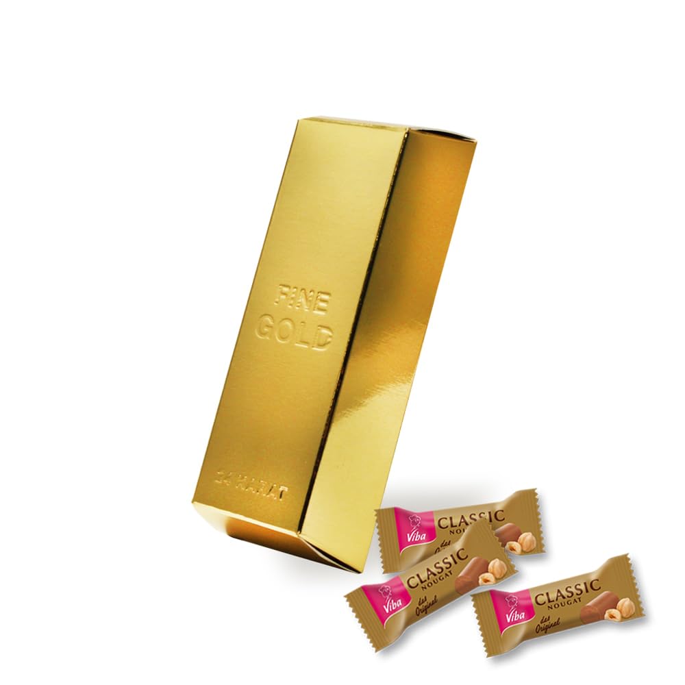 Viba Goldbarren mit Classic Nougat Minis 60 g | 6 einzeln verpackte Haselnussnougat Pralinen | Geschenkidee in Goldbarren Verpackung