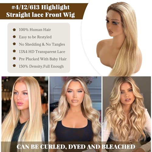 Image of Belaved Highlights Ash Brown Lace Front Wigs Human Hair No Synthetic HD Frontal Real Human Hair Dark Brown Roots Pre Plucked Glueless 180% Density Seamless 13x4 Straight for Women 22 Inch
