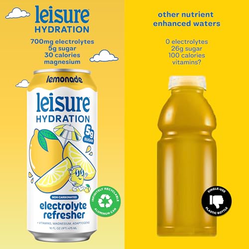 Image of Leisure Hydration Non-Carbonated Electrolyte Refresher, Lemonade Flavor - Low Sugar Nutrient Enhanced Water Beverage - Get The Best Hydration Packed w / Magnesium & Ashwagandha For Mood & Stress Support, Non-GMO, 16 oz (12-Cans)