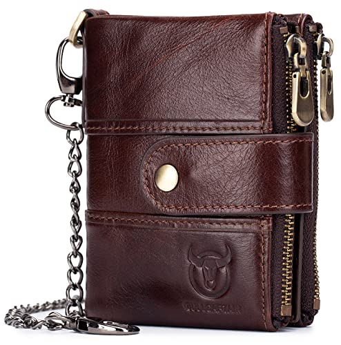 BULLCAPTAIN Genuine Leather Men Wallet with Anti-Theft Chain Large Capacity Double Zipper RFID Coin Purse with 2 ID Window (Brown)