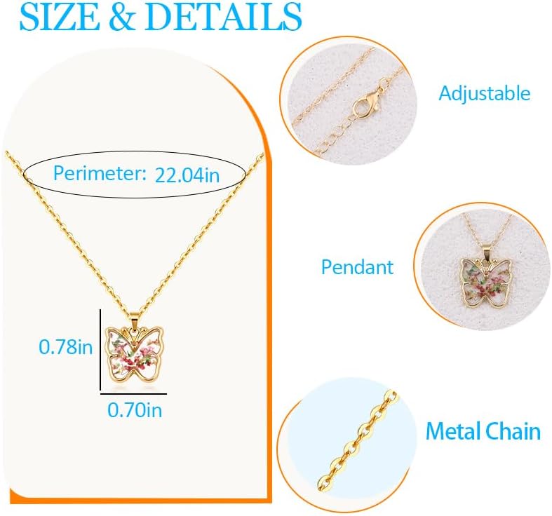 Gold Pressed Flower Necklace for Women Butterfly Pendant Necklaces for Daughter Mom Birthday Gifts for Sister Besties Floral Gifts for Aunt Grandma Resin Wildflower Necklace for Her Girlfriend - Image 2