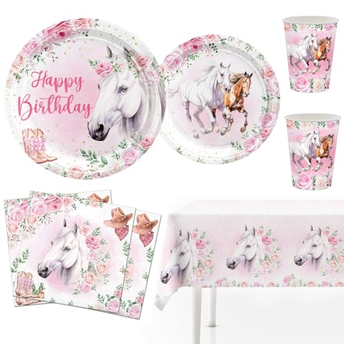 MORAINJAY Ensemble de Vaisselle Fête Courses Hippiques 51 Pièces, Cheval Rose Assiettes, Tasses, Serviettes, Accessoires de Fête Cheval, Décoration de Table pour...