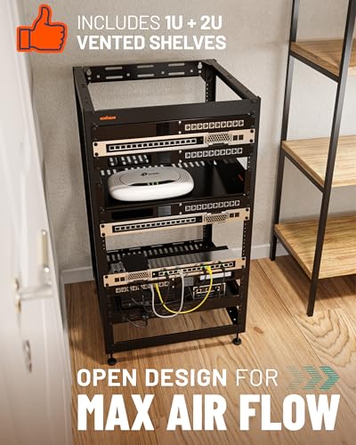 Image of ECHOGEAR 20U Open Frame Rack w /Optimal Air Flow, DIY Assembly, 20.4 inch Depth | Wall mountable enclosure includes 2x vented shelves, 25x mount screws, 4x leveling feet, 4x shelf stops, 2x securement stops