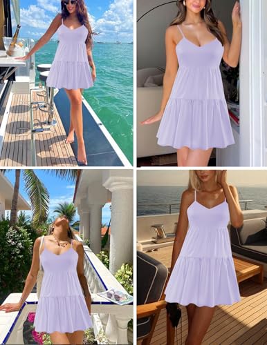 Image of Nova In Sky Womens Summer Mini Dresses Sleeveless Casual V-Neck Sundresses | Spaghetti Strap Casual Boho Mini Dress, Backless Ruffle A Line Mini Swing Skater Dress, Beach, Vacation, Concert, Graduation