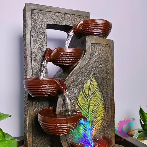 Image of Decorative Water Fountain for Home Decor, Office, Indoor & Outdoor, Garden, Puja Room, Vaastu, Reception, Spa, Gifting. (Black Leaf Diya)