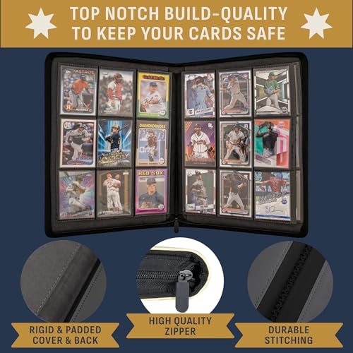 Image of Baseball Card Binder - 9 Pocket Album w Zipper - 360 Side Loading Sleeves Book for Baseball Trading Cards - 3D PU Leather with Vintage Design - Works with Topps, Bowman, Panini...