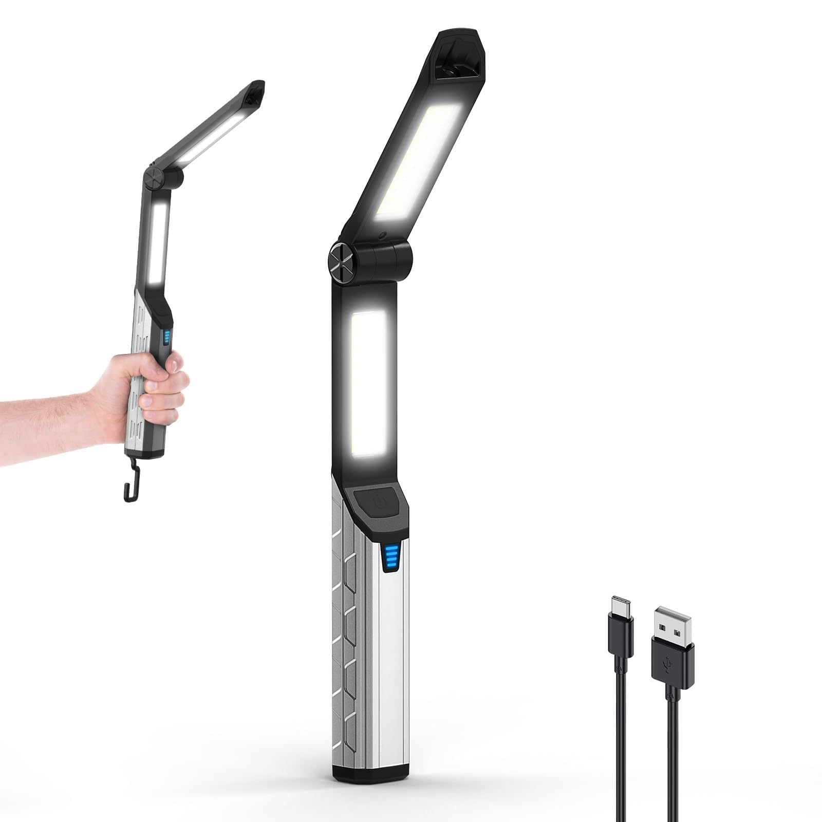 Smiling Shark Werkstattlampe, LED Arbeitsleuchte Wiederaufladbar Faltbar mit Haken und Magnethalter 4 Leuchtmodi Weißes & Rotes Licht Werkstatt-Lampe für Männer Auto Reparatur Garage Werkstatt Camping