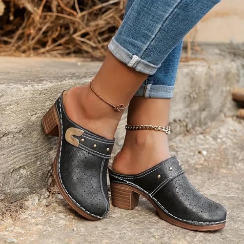 Heels Mules for Women 2025 Hollow Closed Toe Chunky Heels Sandals Comfortable Dressy Backless Sandals Slip On Slippers Party Shoes3