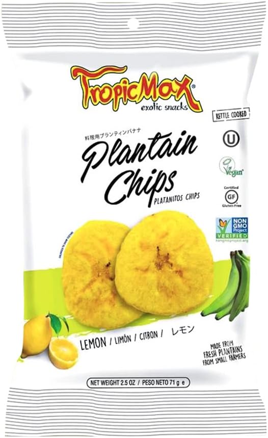 TropicMax - Plantain Chips with Lemon Flavor - Gluten-Free Kettle Cooked Organic Healthy Snacks - Salted Vegan Green Plantain Chip with Individual Bags - Non-GMO, Certified Kosher (2.5oz - 6 packs)