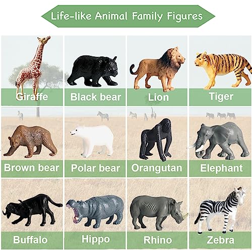 image for RUSON 12 Safari Animals Figures Toys with 12 Flash Cards, Realistic Mi