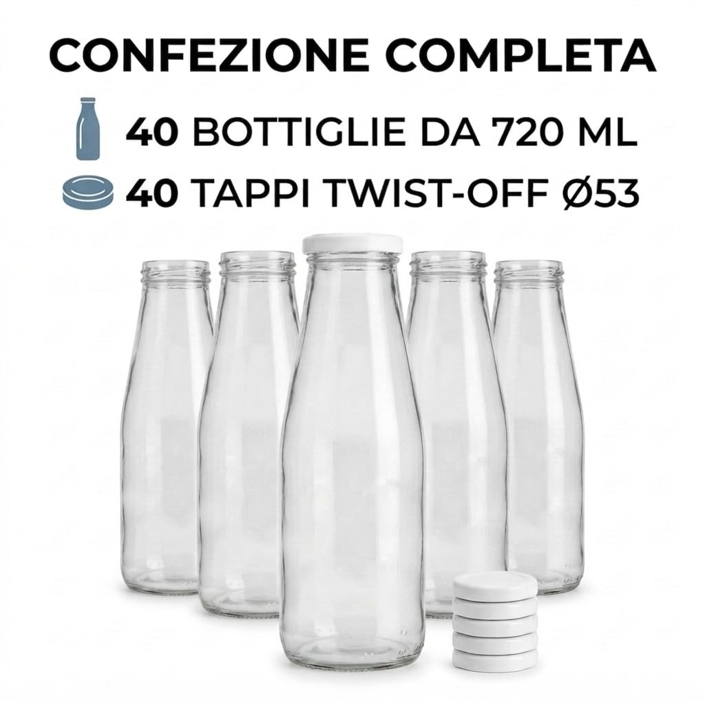 Chianese Bottiglie per Passata in Vetro 720 ml con Tappo Ø53 – 40 Pezzi – Per Salsa, Sughi, Succhi e Conserve