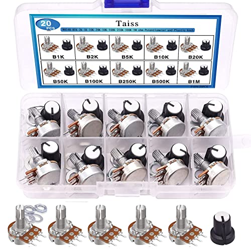 Taiss Kit de potenciómetro de 20 piezas con perillas B1K 2K 5K 10K 20K 50K 100K 250K 500K 1M Ohm potenciómetros surtido de 3 terminales lineal cónico giratorio audio tipo B potenciómetro,