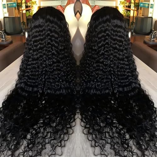 Image of Vnrtkkn 32 Inch 13x6 HD Transparent Deep Wave Lace Front Wigs Human Hair 200 Density Pre Plucked Deep Wave Wig Glueless Wigs Human Hair Lace Frontal Wigs 12A Curly Human Hair Wig for Women