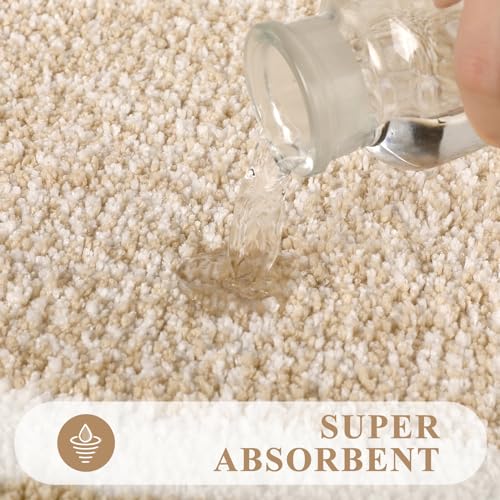 Pauwer 3 Pieces Bathroom Rugs Sets, Microfiber Shaggy Bath Mat Set, Ultra Soft Non-Slip Rug with U Shaped Toilet for Bathroom, Tub, Shower Washable Carpets Set,Beige