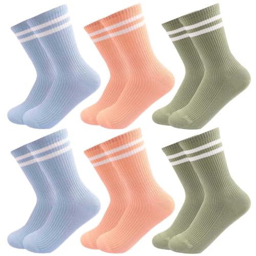 Image of 6 Pairs Solid Color Retro Striped Crew Socks for Women Girls | Soft Cotton Blend, Breathable & Comfortable Novelty Everyday Ribbed Quarter Socks
