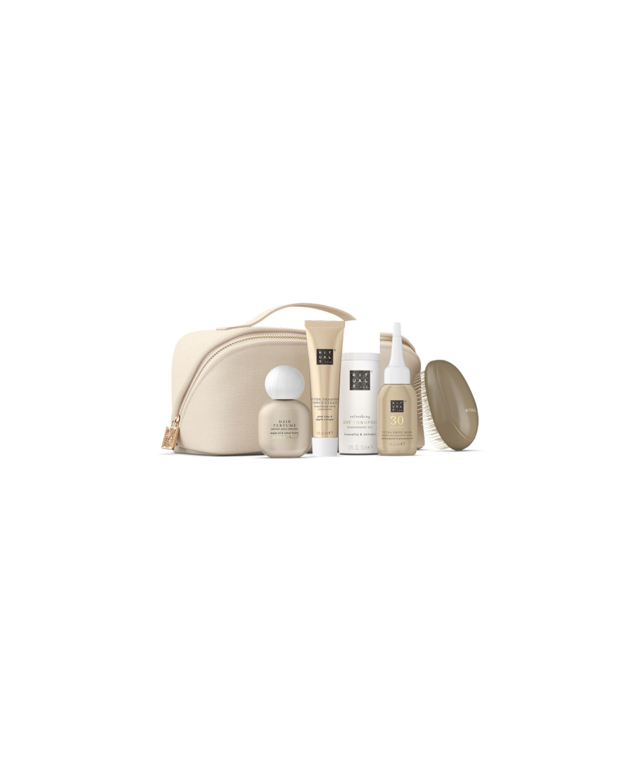RITUALS Haarpflege Set - 4 Reisegrößen + Exklusive Haarbürste in einer wiederverwendbarer Tasche – Detox Shampoo, Trockenshampoo, Ultra Shine Maske & Haarparfum