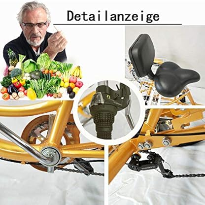 24 Zoll Dreirad, Dreirad 3 Rad 6-Gang Gelb Fahrrad Trike mit Rückenlehne Korb,Tricycle mit Fahrradbeleuchtung für ältere Menschen, Mädchen, Jungen, Herren und Damen – Bild 4