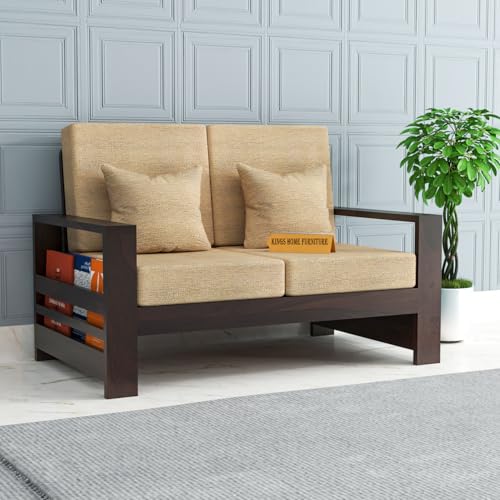 Image of Sheesham Wooden 2 Seater Sofa for Living Room | Rosewood 2 Seater Cushion Sofa with Side Rack | Solid Wood Sofa Set for Lounge (2 Seater,Walnut)