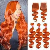 Ginger Human Hair Bundles with Closure Body Wave 16 18 20+16 IN 350 Orange Colored Bundles Human Hair with 4x4 HD Closure Free Part Soft Thick