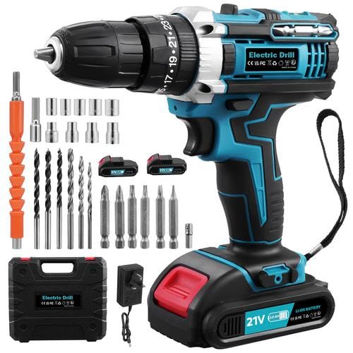 Worshow 21V Cordless Drill Driver, 50Nm Torque & 2-Speed Electric Screwdriver, 30 Accessories with 2 x 2000mAh Batteries and Fast Charger, Non-Impact, 3/8" Metal Chuck, LED Light, Plastic Carry Case