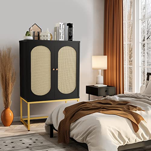 Awqm Natural Rattan,Sideboard Buffet Cupboard Accent Cabinet,2 Door High Cabinet,Adjustable Shelves,Free Standing Bookmatch,Easy Assembly,26.77" L X 15.75" W X 41.34" H,Black #TOP23
