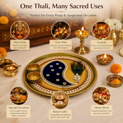 Image of Trendifly Handmade Metal Pooja Aarti Thali Set with 2 Kumkum Chandan Diya Holder | Stone Mirror Work Puja Thali Set for Home Mandir Temple Room | Wedding, Baby Shower, Home Ceremony, Pooja Return Gift