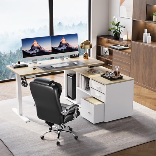 Image of HUANUO L Shaped Standing Desk, Electric Executive Desk with Drawers, Adjustable Height Stand Up Desk, 55″ x 23.6″ One-Whole Piece Desktop, Computer Desk with 4 Memory Presets, Light Walnut