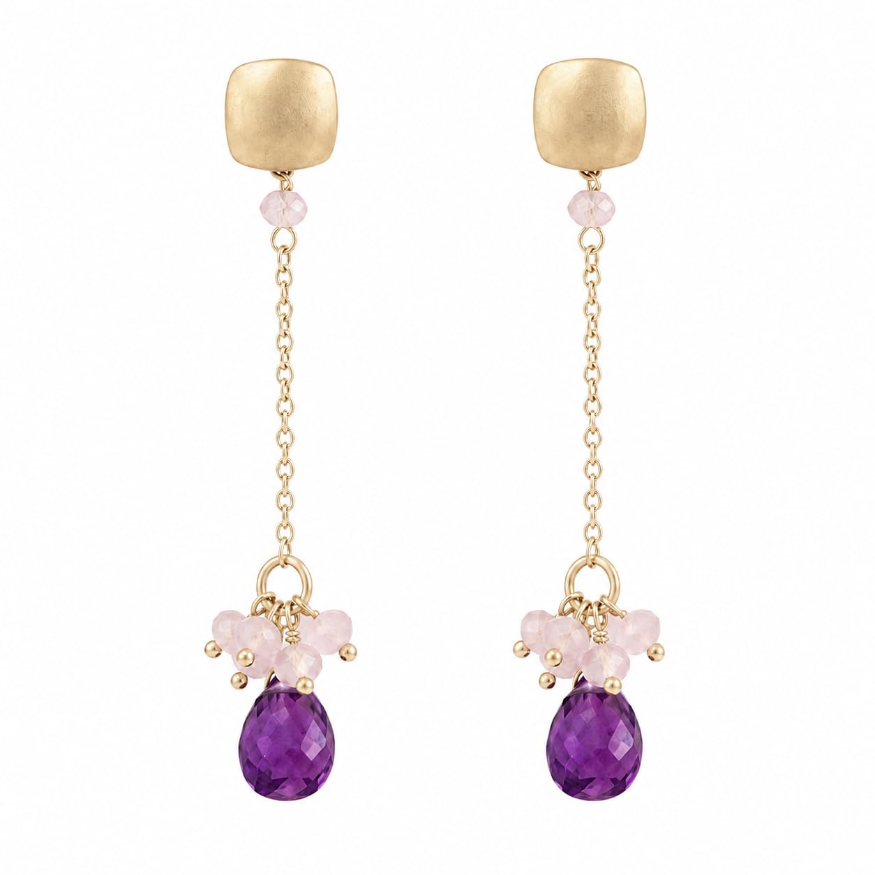 Boucles d'oreilles améthyste et quartz rose plaqué or 18k - 7