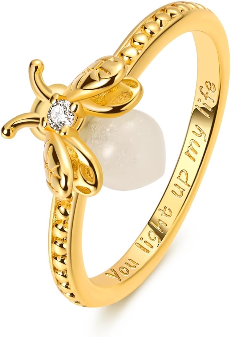 Hapour Glow in the Dark Firefly Ring, 925 Sterling Silver Stackable Rings for Women Teens Gifts for Her Ring Size 6-9