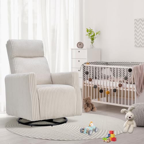 Image of CANMOV Swivel Rocker Chair for Nursery, Swivel Accent Chair with High Back and Arms, Corduroy Glider Chair for Living Room Bedroom Nursery, Beige