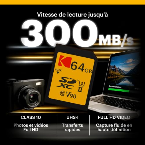 Image of Kodak 64GB UHS-II U3 V90 Ultra Pro SDXC Memory Card - Up to 300MB /s Read Speed and 270MB /s Write Speed | Up to 300MB /s read, Up to 270MB /s write, UHS-II, V90, U3