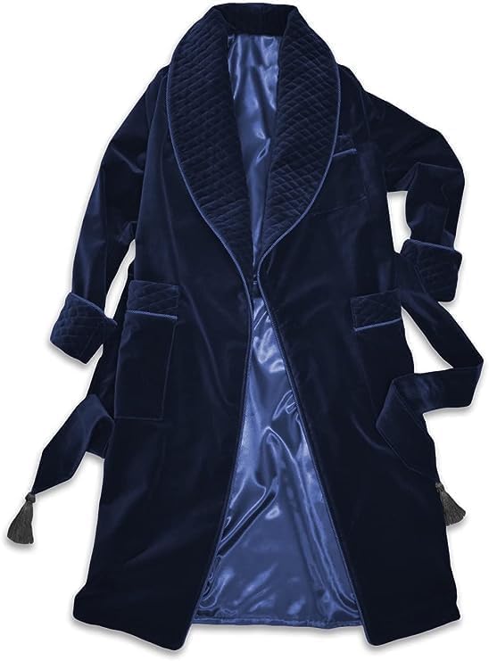 Men's Velvet Smoking Jacket, Long Gown Smoking Jacket Robe with Shawl Collar, Navy Blue2