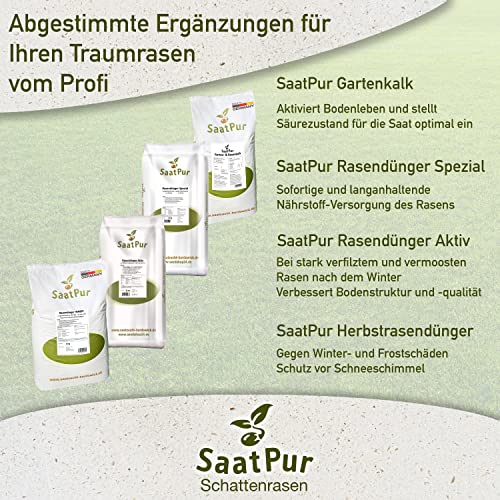 Foto von SaatPur® Rasensamen Schattenrasen 10kg für ca. 300 m², Mehrjährige Rasemischung aus mehreren Rasenarten, meistens 4 bis 5, satt grün, schnellkeimend, hitzetolerant, Neusaat und Nachsaat