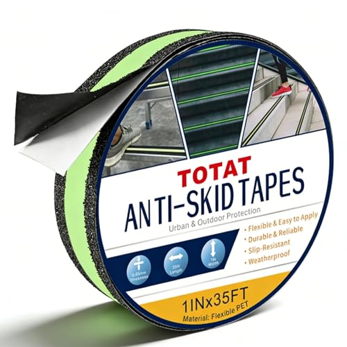Image of Glow in Dark Anti Slip Tape, 1 inch x 35FT Heavy Duty Waterproof Safety Grip Tape for Stairs, Pool, Bathroom - Black & Glow Stripe Indoor /Outdoor Multi-Purpose Traction Tape